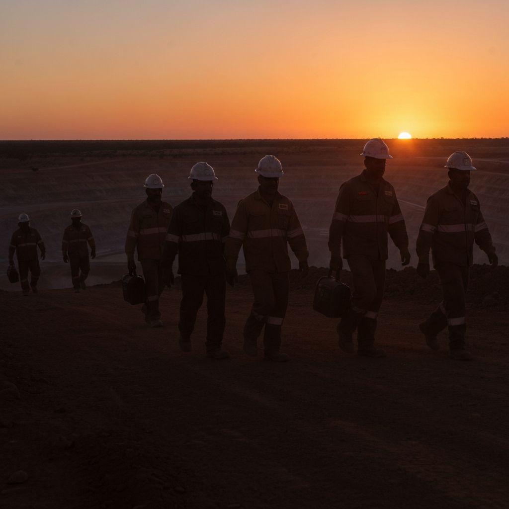Mining workers at sunrise